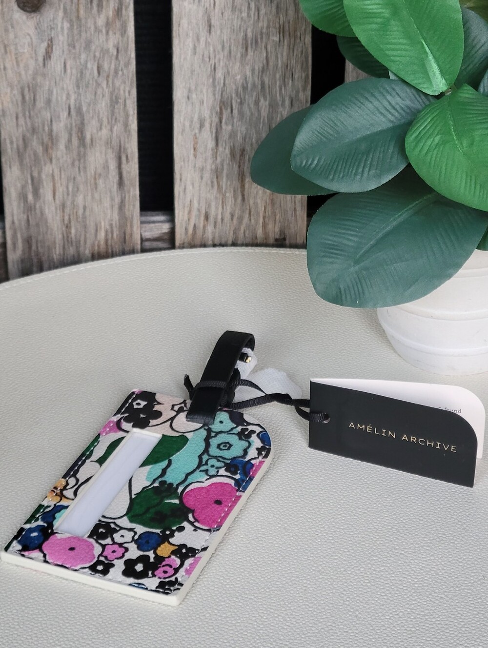 Amelin Archive Floral Printed Leather Luggage Tag with Black Strap- Pink & Green - Picture 2 of 5